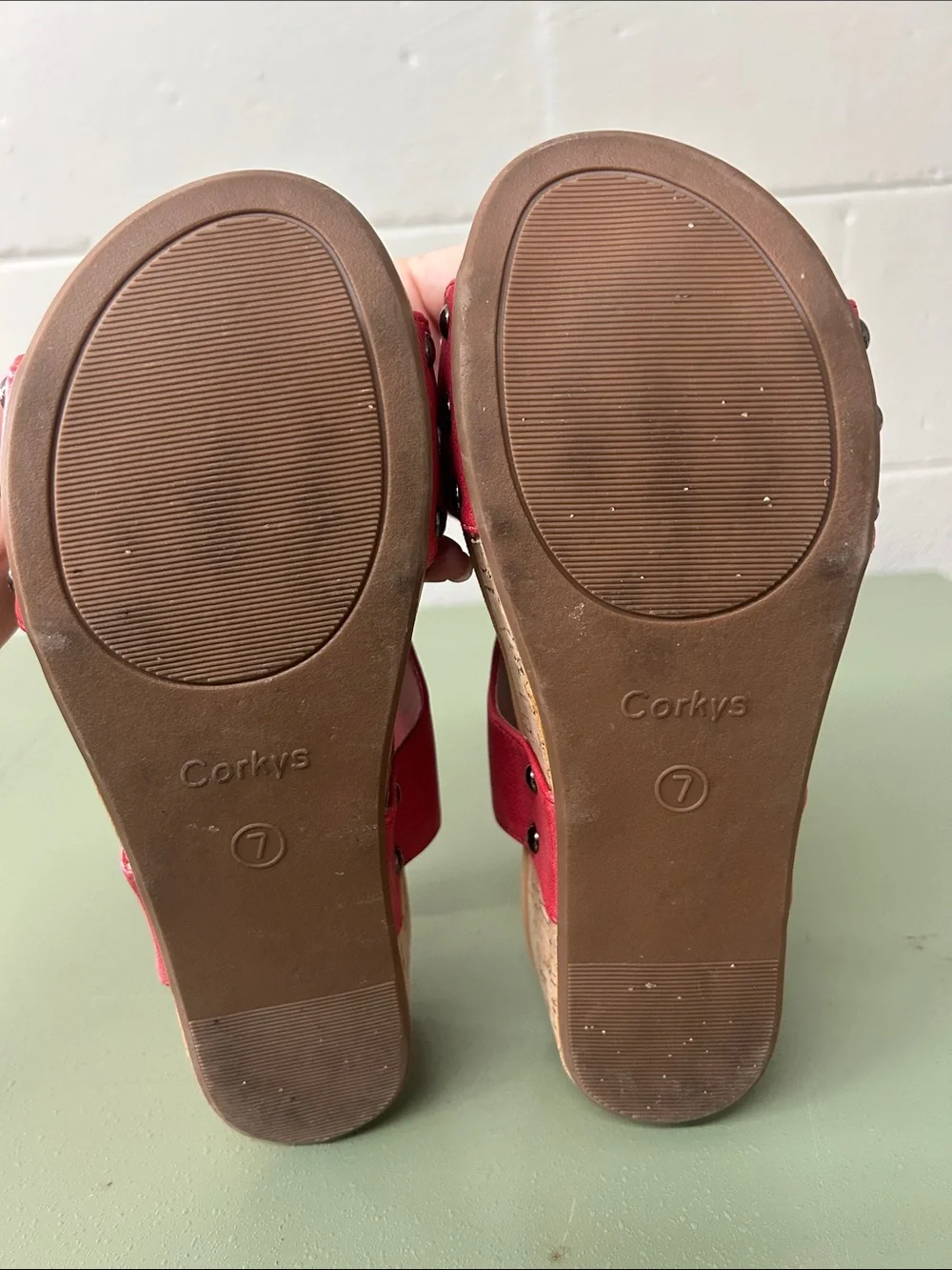 Corkys Red Open-Toe Cork Wedge Sandals / minimal wear / offering lots of comfort